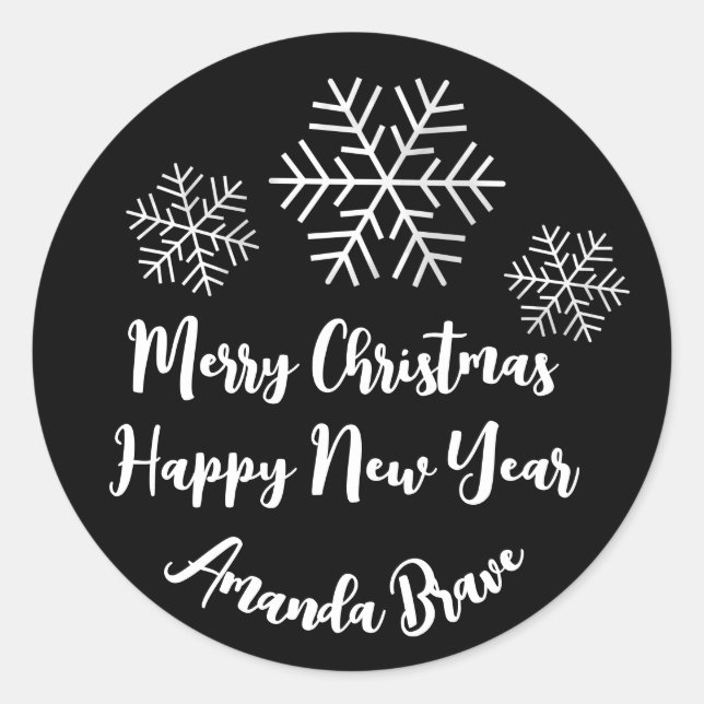 Merry Christmas  Script Name Snowflakes White Blac Classic Round Sticker (Front)
