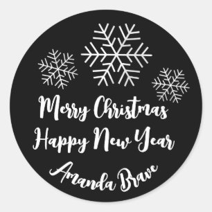 Merry Christmas  Script Name Snowflakes White Blac Classic Round Sticker