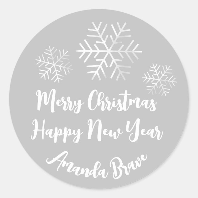Merry Christmas  Script Name Snowflakes White Grey Classic Round Sticker (Front)