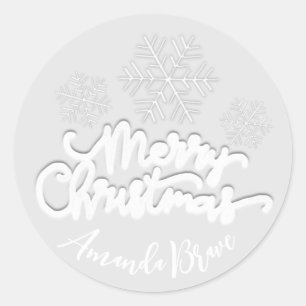 Merry Christmas Script Name Snowflakes White Grey Classic Round Sticker