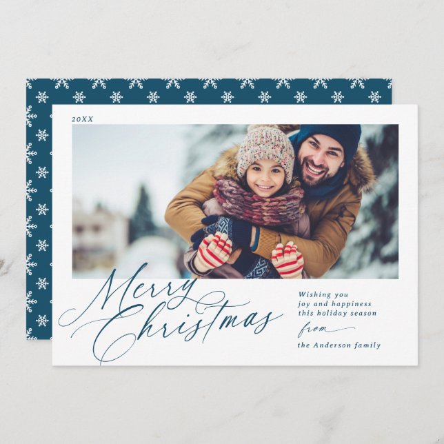 Merry Christmas Script Navy Blue and White 1 Photo Holiday Card (Front/Back)