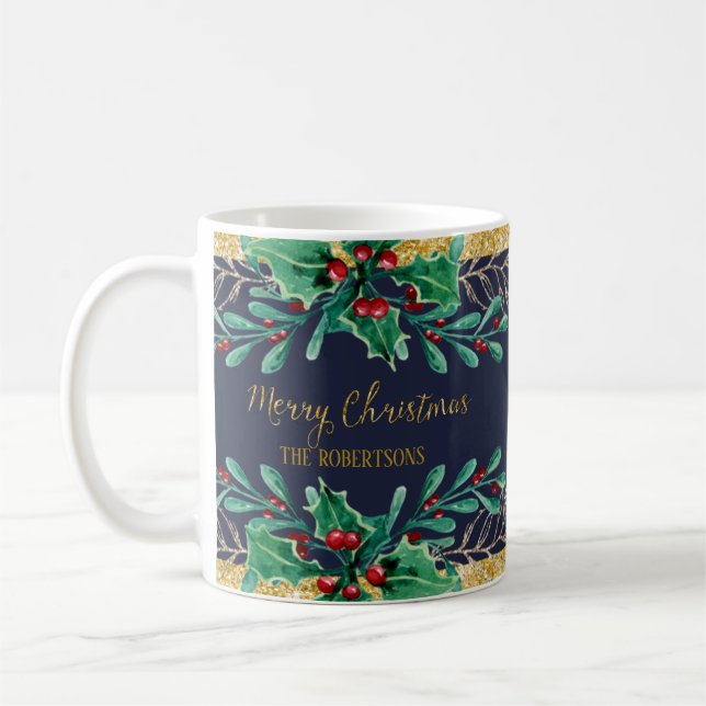 Merry Christmas Script Navy Gold Red Watercolor Coffee Mug (Left)