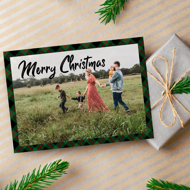 Merry Christmas Script Navy Plaid Photo Holiday Card (Creator Uploaded)