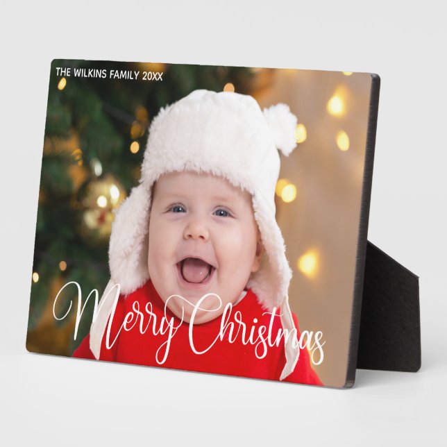 Merry Christmas Script Overlay Chic Baby Photo Plaque (Side)