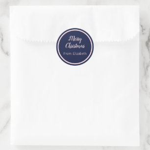 Merry Christmas Script Pale Pink & Dark Blue Name Classic Round Sticker