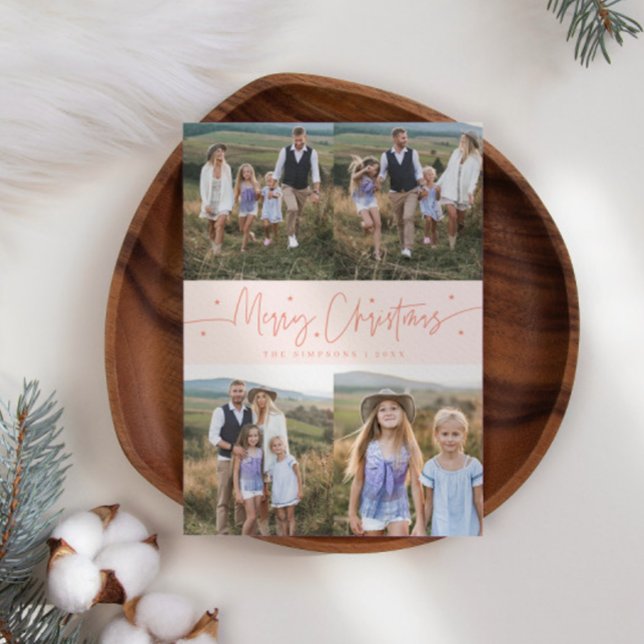 Merry Christmas Script Peach Multi Photo Holiday Card (Creator Uploaded)