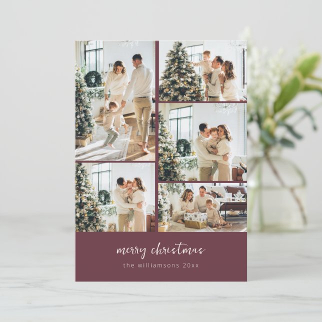 Merry Christmas Script Photo Collage Burgundy Holiday Card (Standing Front)