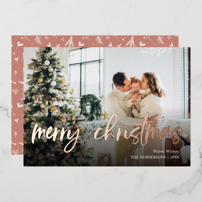 Merry Christmas Script Photo Foil Holiday Card (Front/Back)