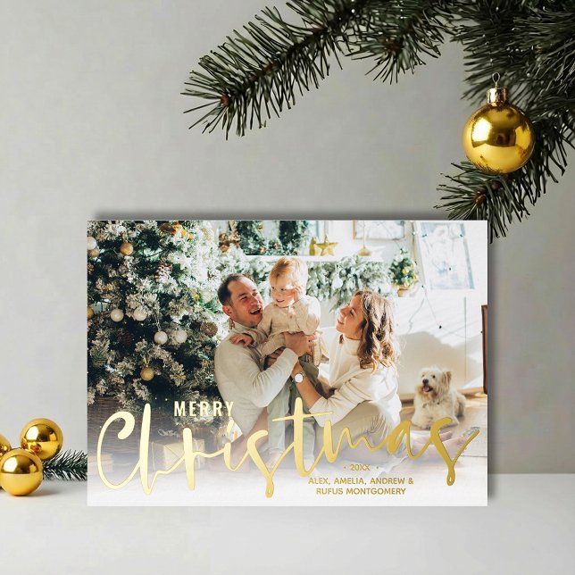 Merry Christmas Script Photo Gold (REAL GOLD FOIL Merry Christmas script photo holiday greeting cards)