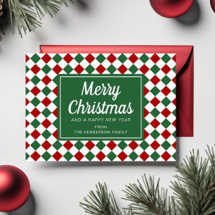 Merry Christmas Script Photo Red Green Checks Holiday Card
