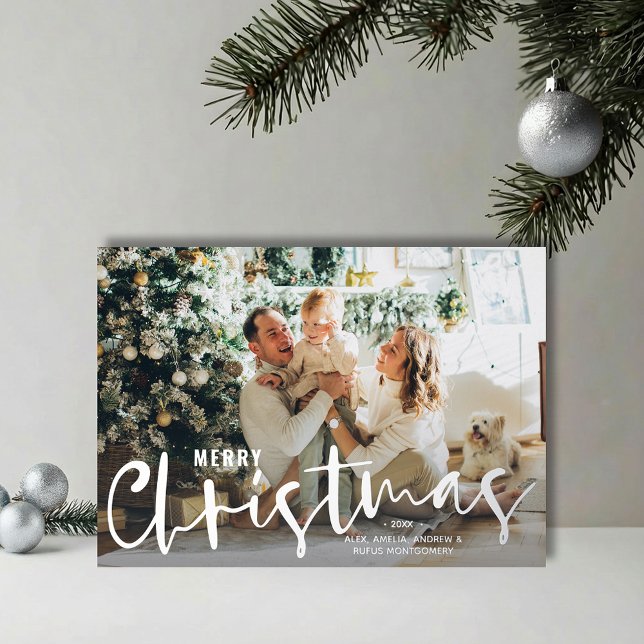 Merry Christmas Script Photo Silver (REAL SILVER FOIL Merry Christmas script photo holiday greeting cards
)