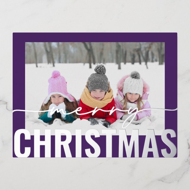 Merry Christmas Script Photo Simple Modern Foil Holiday Postcard (Front)