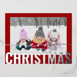 Merry Christmas Script Photo Simple Modern Foil Holiday Postcard