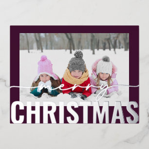 Merry Christmas Script Photo Simple Modern Foil Holiday Postcard