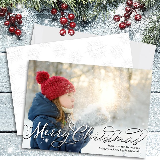 Merry Christmas Script Photo Template (Merry Christmas Calligraphy Script Stylish Silver Photo Holiday Card)