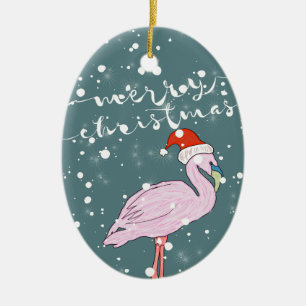 Merry Christmas Script Pink Flamingo Tropical Ceramic Tree Decoration