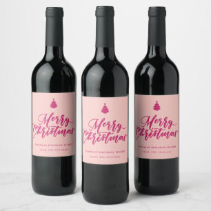 Merry Christmas Script Pink Holiday Wine Label