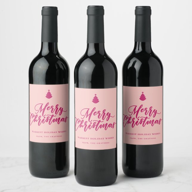 Merry Christmas Script Pink Holiday Wine Label (Bottles)