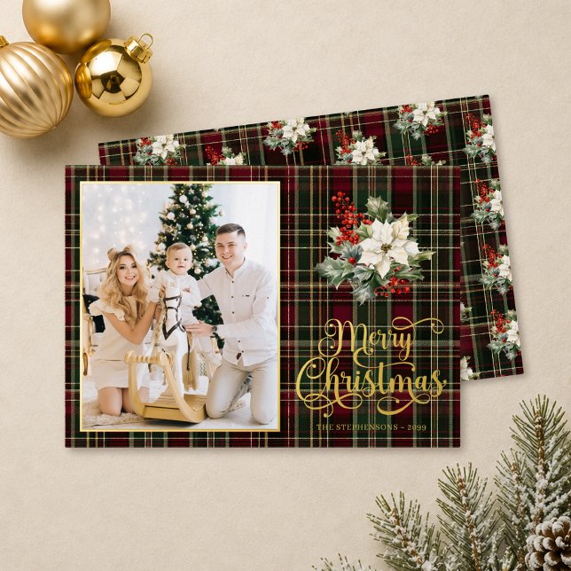 Merry Christmas Script Plaid Poinsettia Photo (Creator Uploaded)