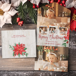 Merry Christmas Script, Poinsettia, Rustic 4-Photo All In One Invitation