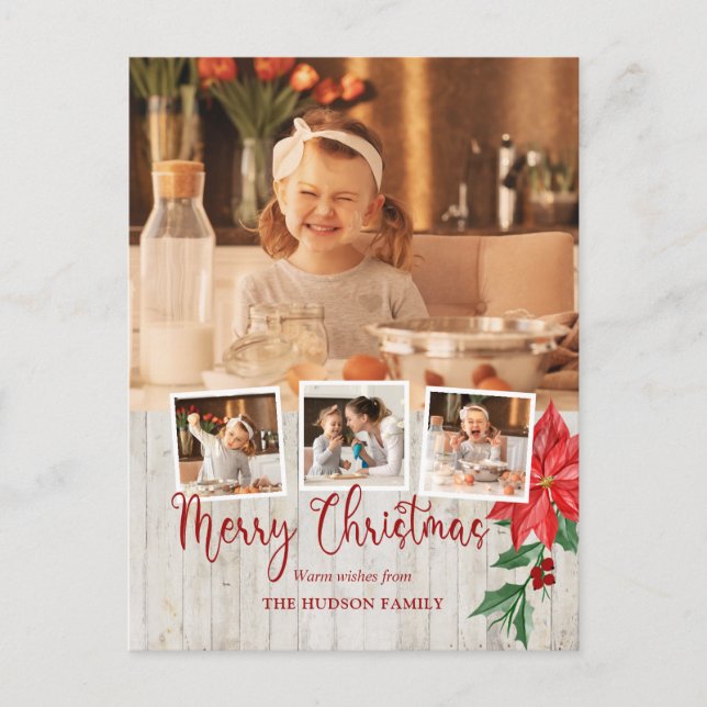 Merry Christmas Script, Poinsettia, Rustic 4-Photo Holiday Postcard (Front)