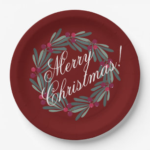 Merry Christmas Script Pretty Festive Red Paper Plate