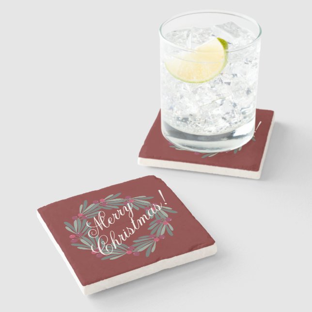 Merry Christmas Script Pretty Festive Stone Coaster (Side)