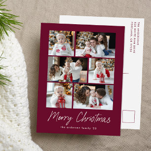 Merry Christmas Script Purple 6 Photo Collage Holiday Postcard