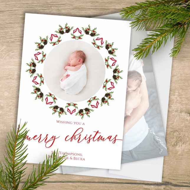 Merry Christmas Script Red and Green Photo Holiday Card (Merry Christmas Calligraphy script mandala wreath design photo card. )