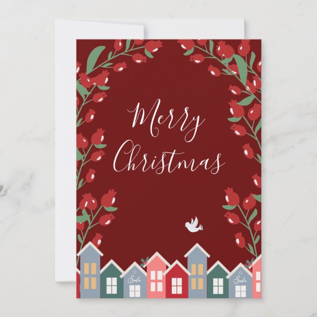 Merry Christmas Script Red Floral Personalise Holiday Card (Front)