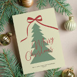 Merry Christmas script red green tree non-photo Holiday Card<br><div class="desc">Retro style red and green tree and red bow Merry Christmas handwritten script non-photo simple holiday card. Easy to personalise with your family name and year.</div>