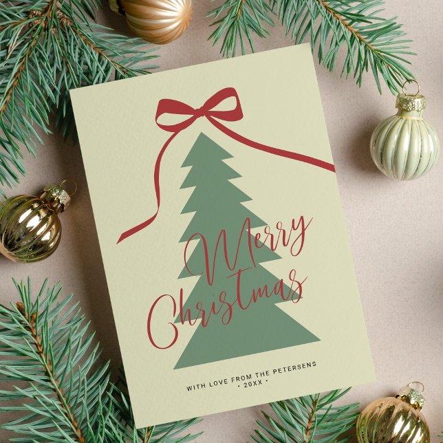 Merry Christmas script red green tree non-photo Holiday Card (Creator Uploaded)