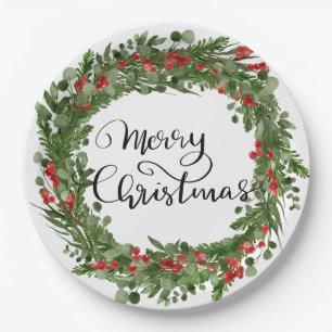 Merry Christmas Script Red Holly Leaves Wreath Paper Plate