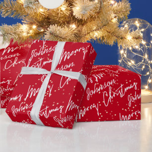 Merry Christmas Script Red Name Gold Confetti Wrapping Paper