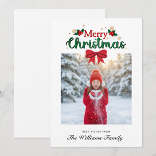Merry Christmas Script & Red Ribbon Custom Photo Holiday Card