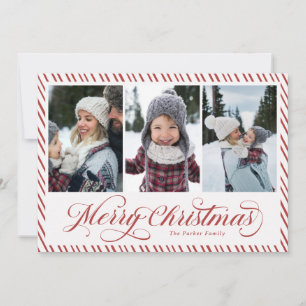 Merry Christmas Script Red Stripes Photo Collage Holiday Card
