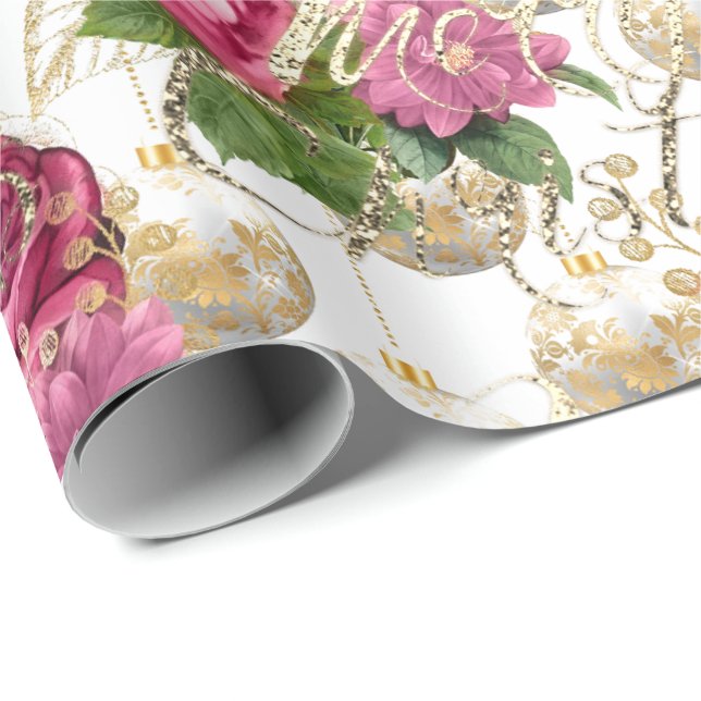 Merry Christmas Script Roses Gold Pink White Green Wrapping Paper (Roll Corner)