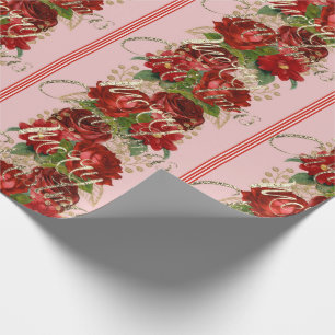 Merry Christmas Script Roses Red Gold Marble Pink Wrapping Paper