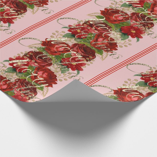 Merry Christmas Script Roses Red Gold Marble Pink Wrapping Paper (Corner)