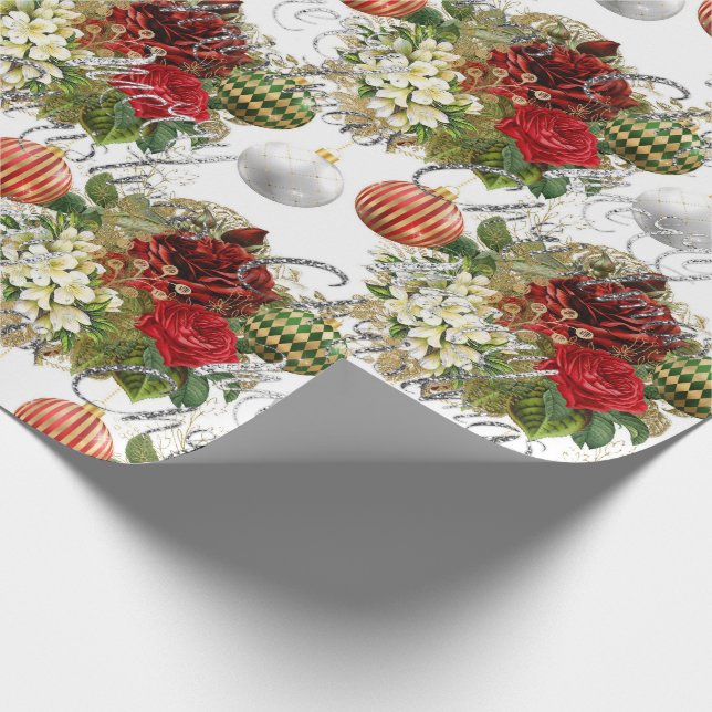 Merry Christmas Script Roses Red Grey Marble Pink Wrapping Paper (Corner)