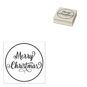Merry Christmas Script Round Return Address Rubber Stamp