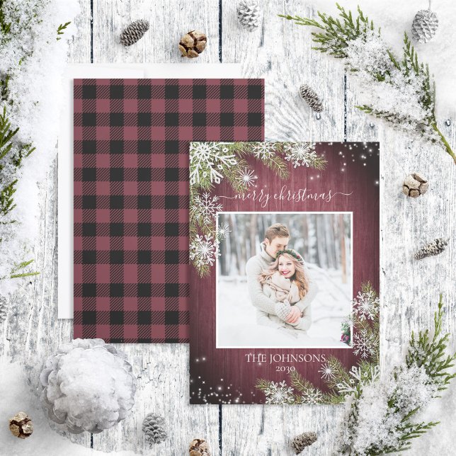 Merry Christmas Script Rustic Burgundy Photo (Creator Uploaded)