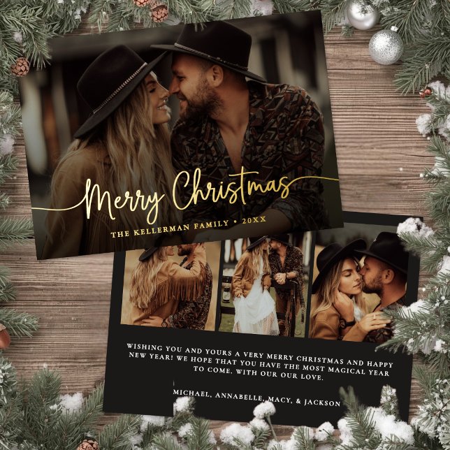 Merry Christmas Script Rustic Elegant Photo Gold (Merry Christmas Script Rustic Elegant Photo Gold Foil Holiday Card)