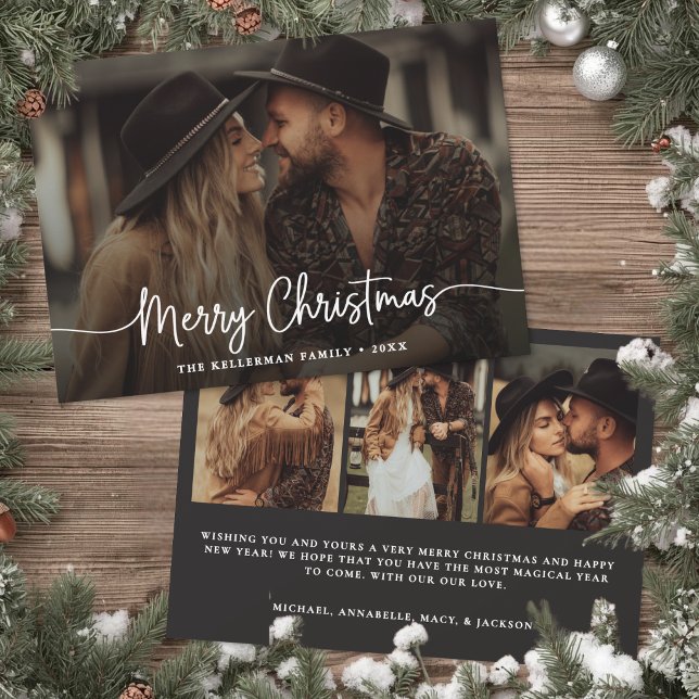 Merry Christmas Script Rustic Elegant Photo  Holiday Card (Merry Christmas Script Rustic Elegant Photo Holiday Card )