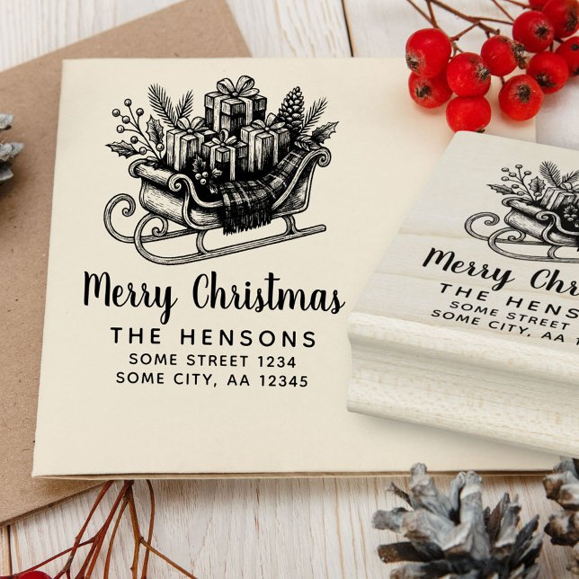Merry Christmas Script Santa Sleigh Family Address Rubber Stamp (Creator Uploaded)