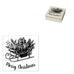Merry Christmas Script Santa Sleigh Holiday Rubber Stamp