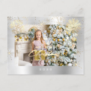 Merry Christmas Script Silver Grey Gold Lux Snow Postcard