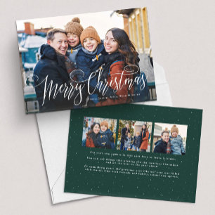 Merry Christmas script simple green four photo Holiday Card