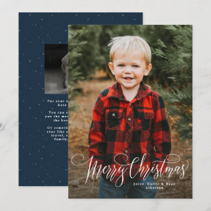 Merry Christmas script simple navy blue photo Holiday Card