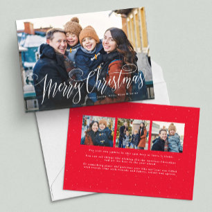 Merry Christmas script simple red four photo Holiday Card